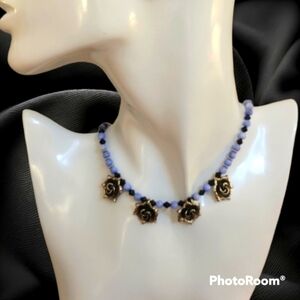 HANDMADE Rose Charm Glass Blue Shell Pearl Beaded Collar Necklace